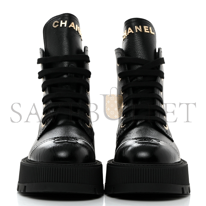 CHANEL GRAINED CALFSKIN SHINY CALFSKIN CC LACE UP COMBAT BOOTS 1437689